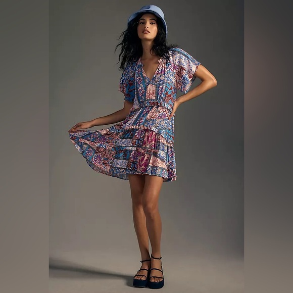 ANTHROPOLOGIE Robin Tiered Mini Dress Blue Pink Patchwork Size Medium - Picture 1 of 8
